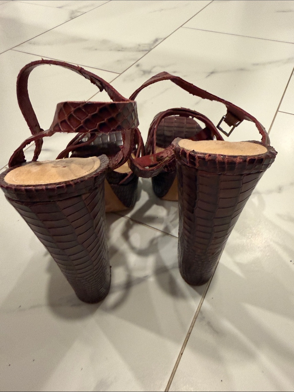 SCHUTZ Burgundy Croc-Embossed Platform Slingback Heels - Picture 3 of 5